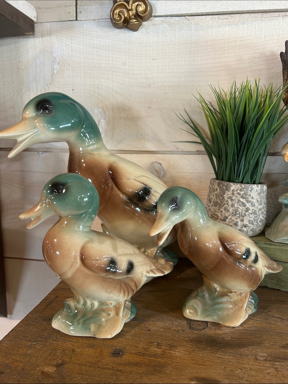 Glazed Ceramic Duck Figurine Set in Green and Brown